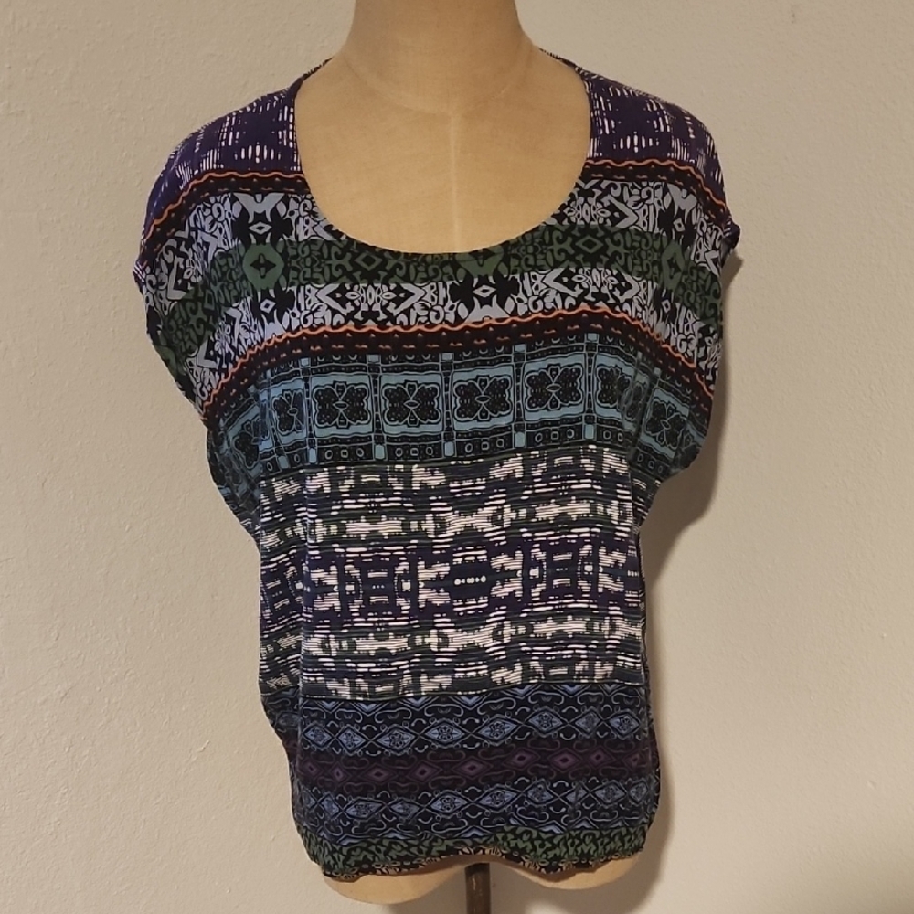 CAbi Blue and Green Patterned Blouse